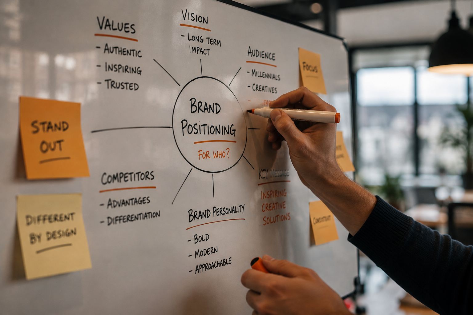 Positionering en communicatiestrategie uitgewerkt op een whiteboard